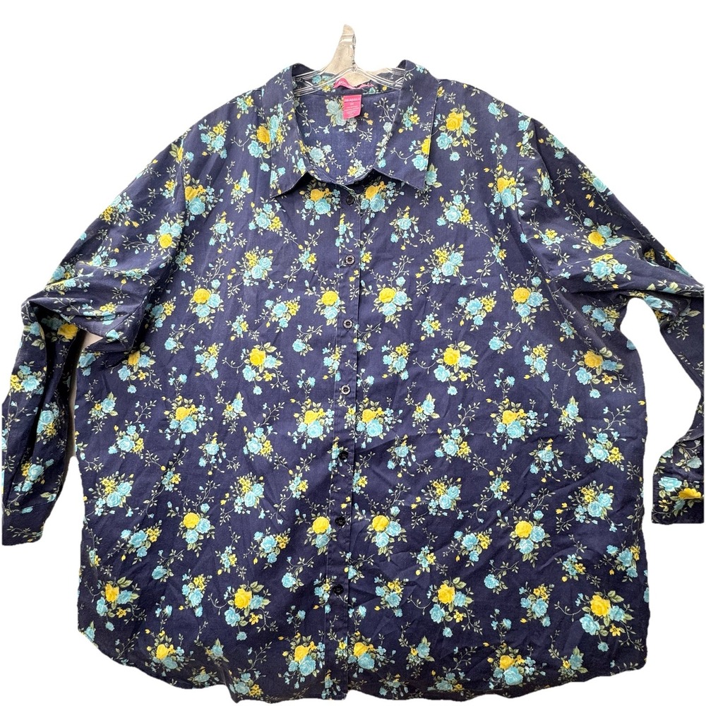 WOMAN WITHIN Blue Floral Print Long Sleeve Shirt Size 3X Button Down Cotton